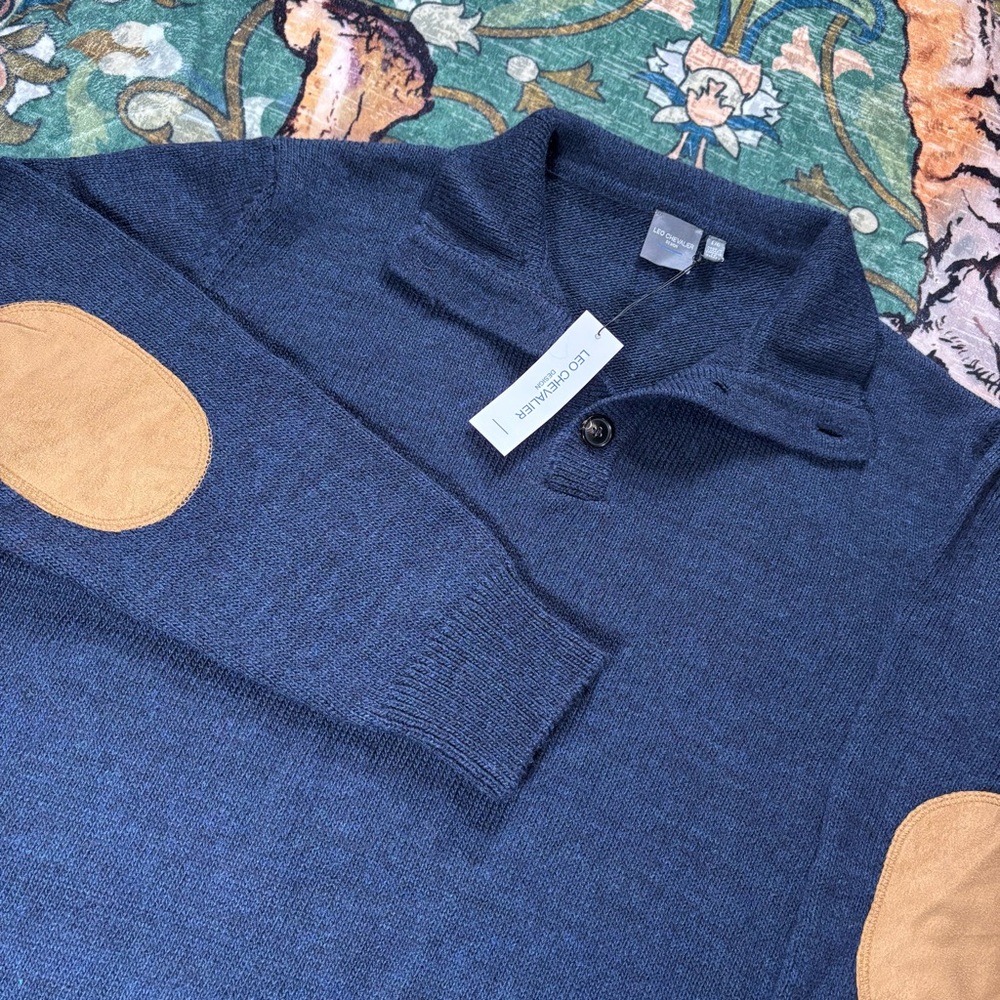 Leo Chevalier Wool Knit Sweater Pullover Elbow Patch Collared Lrg Blue NWT $150